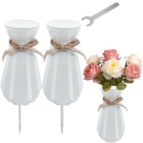 2PCS Cemetery Vases for Grave-Durable Plastic Grave Vases Flower Holder with Metal Spikes Bow Decor for Cemetery Headstones, Outdoor Grave Decorations for Memorial Gifts for Loss of Loved One - White - color: White