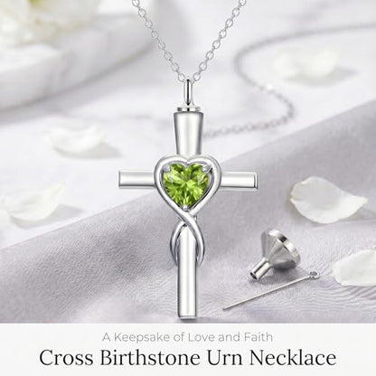 YYB Urn Necklace for Ashes Women Heart Birthstone Cross Cremation Jewelry | Memorial Keepsake Funeral Jewelry for Loved Ones (with Funnel Filler) - color: 08-Aug-Peridot