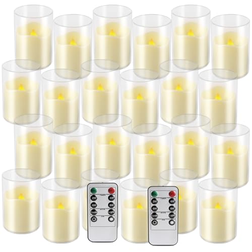 fclayvts 24 Pack Flameless LED Candles with Clear Glass Holder, Battery Operated Real Wax Tea Lights with Remote & Timer, Flickering Warm Light Fireless Votive Candles for Home Wedding Holiday Decor - size: 24-Pack-Tealight-Ivory