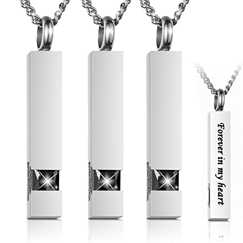 3 Pack Urn Necklace for Ashes Memorial Cremation Jewelry for Ashes, CZ Bar Urns Pendant Stainless Steel Urn Locket for Ashes Keepsake Jewelry with Words: Forever in my heart & Funnel Kit & Bag - color: Silver