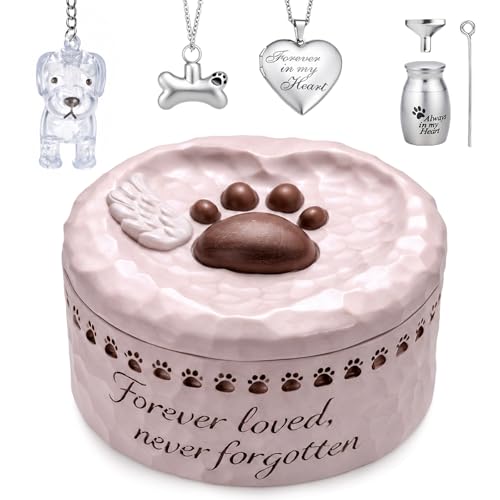 Pet Memorial Gift Set for Loss of Dog Cat | Resin Paw Print Box, Stainless Steel Cremation Urn, Waterproof Ashes Necklace (Bone&Heart), Pet Hair Keychain sympathy gift