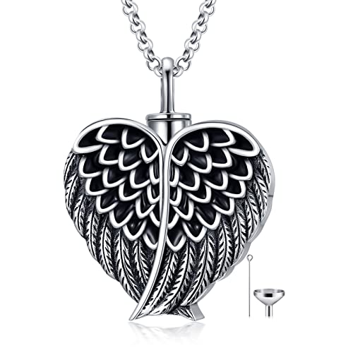 SOULMEET Cremation Jewelry for Ashes, Sterling Silver Urn Necklace for Ashes Women Men, Cherish Memories Cremation Jewelry to Keep Someone Near to You - color: K-Oxidation black Angel Wing