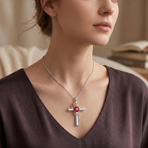YYB Rose Flower Urn Necklaces Cross Birthstone Cremation Jewelry for Ashes Memorial Keepsake Funeral Pendant for Women - color: 07-Jul-Ruby
