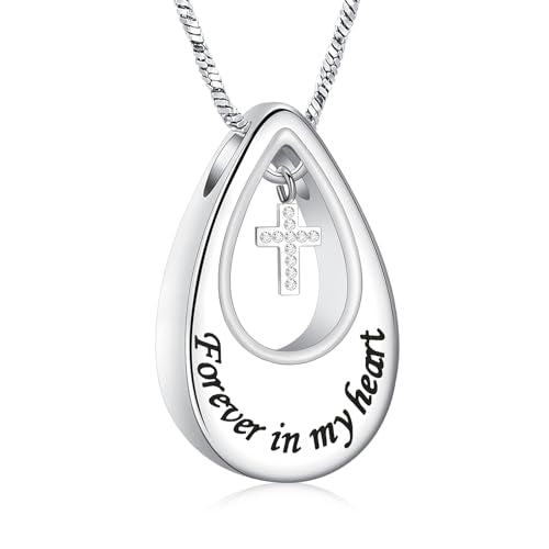Yinplsmemory Cremation Urn Necklace for Ashes Urn Jewelry Forever in My Heart Stainless Steel Memorial Keepsake Cross Pendant for Human Pet - color: Silver