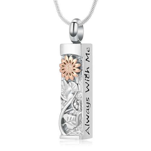 Flower Celtic Cremation Jewelry for Women Men Cylinder Bar Sunflower Urn Necklace for Ashes Pendant Necklace Vial Memorial Keepsake Jewelry for Ashes Necklace of Loved Ones - color: Silver&Rose
