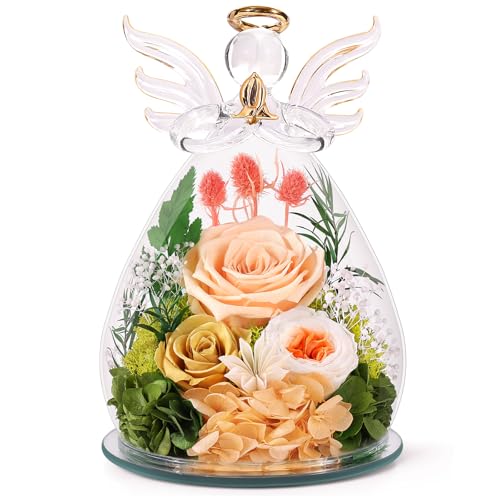 Bessol Gifts for Women Birthday Gifts for Mom Flowers for Delivery Fresh Eternal Preserved Rose Forever Flower in Glass Angel Figurines Gift Anniversary for Grandma Wife Sister Daughter Friends - color: Champagne (Rose, Austin, Baby's Breath, Hydrangea)