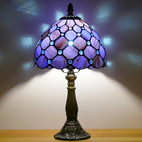 Small Tiffany Table Lamp Purple Pearl Style W8H14.5 Inch | Mini Stained Glass Shade Lamp Resin Base Bedside Accent Lamp Memory Sympathy Desk Light - color: Purple