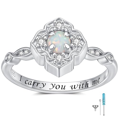 Cross/Petal Cremation Ring for Ashes - 925 Sterling Silver Opal Urn Keepsake Rings Memorial Jewelry for Women - style: Petal Urn Rings