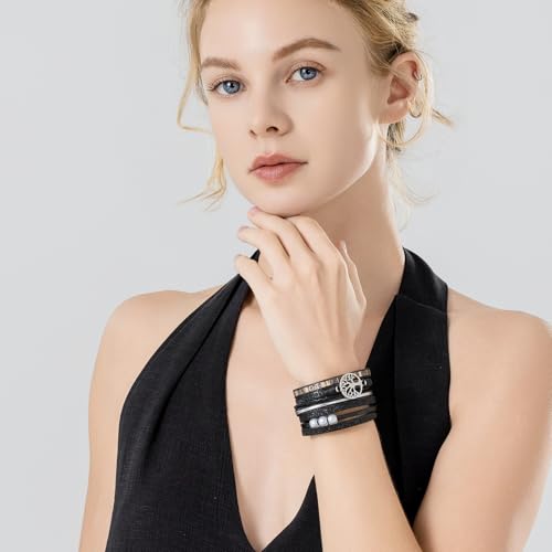 Tree of Life Inspirational Leather Wrap Bracelets Boho Western Cowgirl Cuff - color: Black