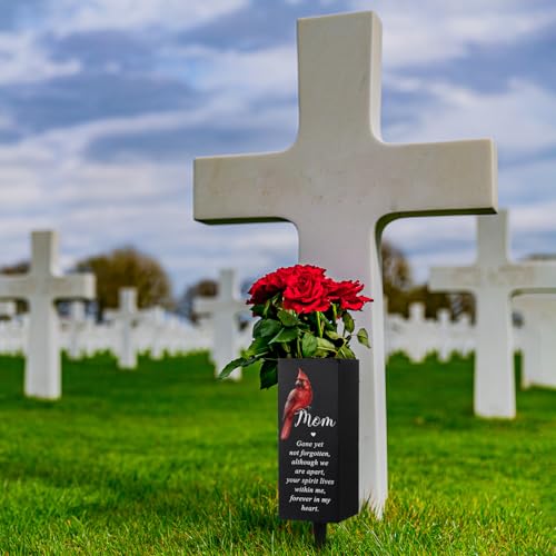 Hushee Memorial Grave Flower Holder Metal Cemetery Cardinal Vase, Mom | Funeral Memorial Decor with Black Spike, for Loss of Loved Ones, Outdoor Funeral Vase for Cemetery, Cardinal Art - style: Mom