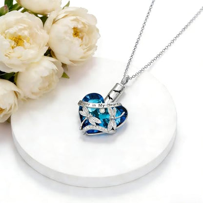 Urn Necklace for Women Sterling Silver Meaningful Memorial Jewelry | Paw Print/Butterfly/Dragonfly/Bird/Dolphin/Mountain/Tree of Life Urn Necklace for Ashes Cremation Keepsake Jewelry for Women - style: Heart-Dragonfly