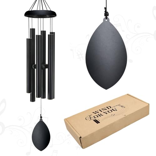 Wind Chimes for Outside, 30 Inch Wind Chimes with 6 Tuned Aluminum Tubes | Windchimes Black Garden Decor for Mother’s Day, Patio, Porch with S Hook & Greeting Card - color: Bk