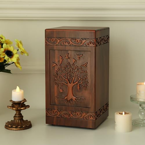 Elegant Tree of Life Wooden Urn for Human Ashes Adult – Full Size 300 Cubic Inches, Handcrafted Solid Wood Cremation Urn (11.3” H), TSA Approved Memorial Urn for Mom, Wife or Loved One