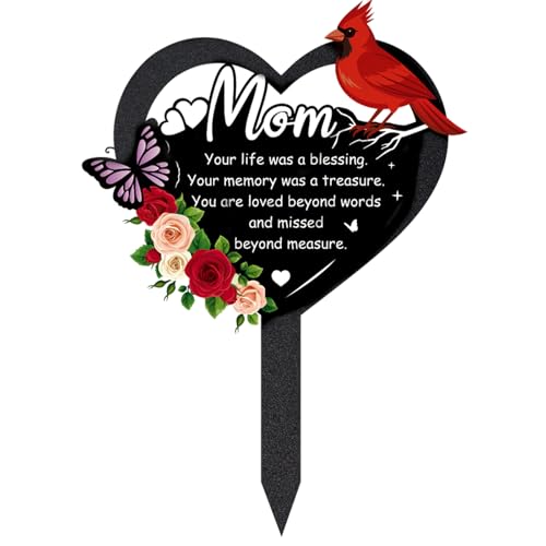 Grave Decorations for Cemetery - Memorial Mom Metal Graves Stakes | Outdoors Heart Cardinals Remembrance Plaque Black Waterproof Flower Graveside Burial Decor Sympathy Gifts for Loss of Mother - style: Mom