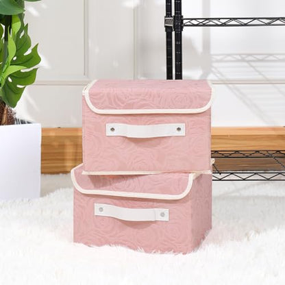 ANMINY Fabric Storage Box Bins with Lids, Rose Print, Pink, 4PCS Small | Keepsake Memory Storage, Nonwoven Fabric, PP Board Frame, Washable, PU Handles, Foldable Stackable, Decorative, 10"x8"x7" - size: Small (Pack of 4)