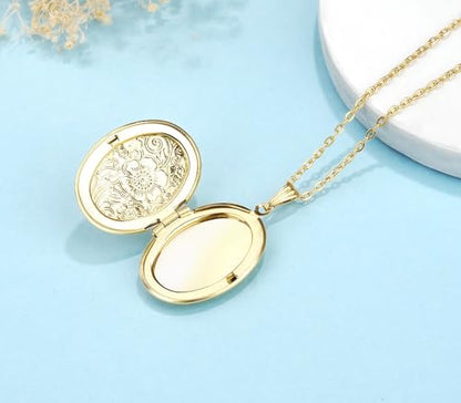 Gold Oval Flower Locket Necklace that Holds Pictures Photo Locket Pendant - color: GoldOval