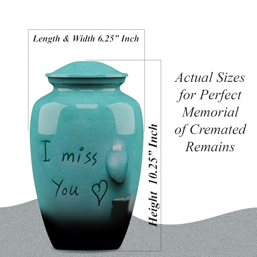 Forever URNS Adult Cremation Funeral Urn with Printed I Miss You Theme for Human Ashes of Female & Male | 200 cu in | Large | Sea Green | Completely Handcrafted with Velvet Protection Bag