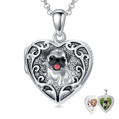Personalized Heart Locket Necklace That Holds Pictures 925 Sterling Silver Custom Photo Lockets Necklaces Jewelry Gifts for Family Women Lover - color: Pug, style: Locket Only