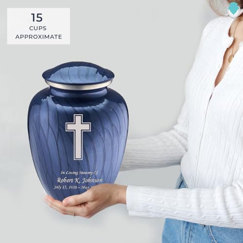 Geturns - Adult Personalized Simple Cross Cremation Urns for Human Ashes I Large Pearl Cobalt Blue Funeral Urn for Men and Women I 200 lbs - color: Pearl Cobalt Blue