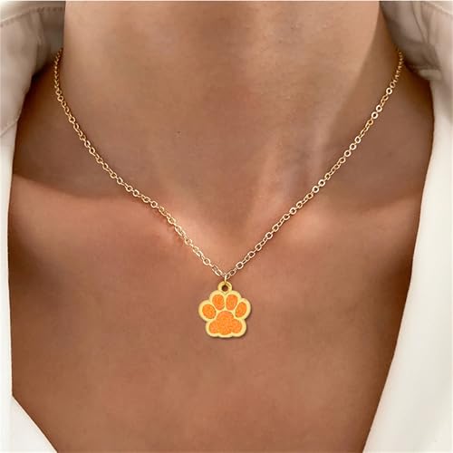 Dreuyet Paw Necklace and Earrings Set for Women Glitter Cute Dog Cat Pet Paw Print Pendant Necklace Earrings Lovely Animal Charm Jewelry Set Gifts - color: Gold Orange