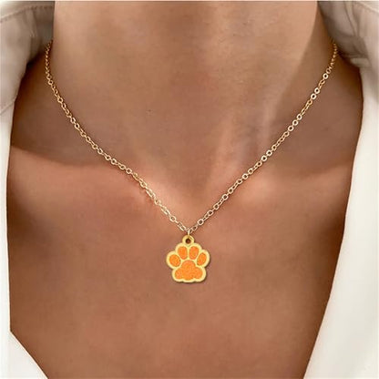 Dreuyet Paw Necklace and Earrings Set for Women Glitter Cute Dog Cat Pet Paw Print Pendant Necklace Earrings Lovely Animal Charm Jewelry Set Gifts - color: Gold Orange
