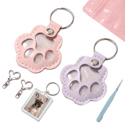 Leather Pet Fur Keepsake Keychain Gift, 2 Pcs - color: Purple & Pink