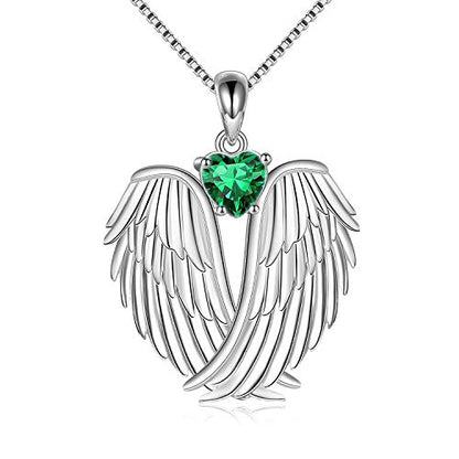 YFN Angel Wings Necklace 925 Sterling Silver Guardian Angel Wings Pendant Necklace Birthstone Necklace for Women Girls Christmas Jewelry Gifts - color: May-Green