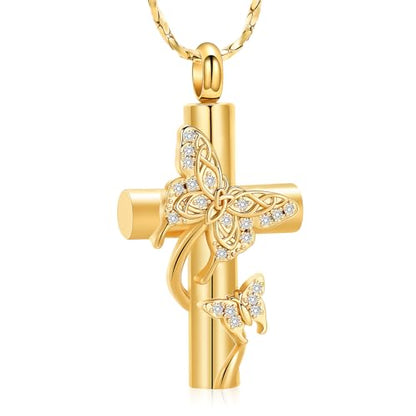 Imrsanl Butterfly Cross Urn Necklace for Ashes Men Women Cremation Jewelry Ashes Pendant for Human Memorial Ash Jewelry - color: Z-Gold