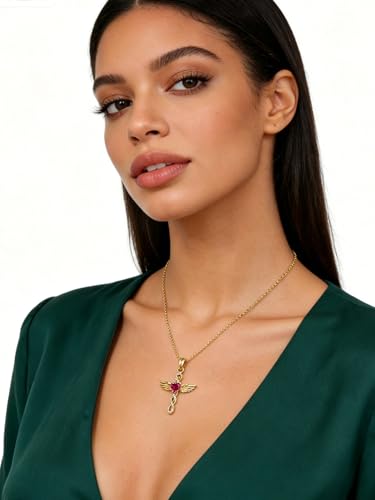 Angel Wings Infinity Cross Necklace for Women, 18K Gold Plated Heart Birthstone Pendant Necklace, Dainty Christian Jewelry Gifts for Mothers Day Valentines Day Christmas Birthday - color: Glod