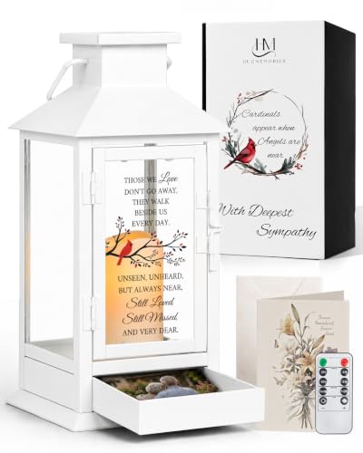 Memorial Lantern with Drawer for Keepsakes, Sympathy Gifts for Loss of Loved One, Remembrance Bereavement Gifts in Memory of Loved One, White - color: Cardinal/White