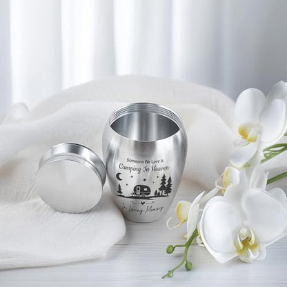 Forest Camping Memorial Mini Urn, Stainless Steel Small Keepsake Urn for Human Ashes, Engraved Campfire Design, 2.56" Funeral Remembrance Vessel for Camper & Nature Lovers