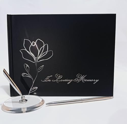 M&L STORE Funeral Guest Book with Silver Pen and Pen Holder – Memory Book for Celebration of Life with Elegant Design, 210 Guest Entries with Name & Address, 82 Pages, 10.2x7.8″, Black, Negro, FGB001