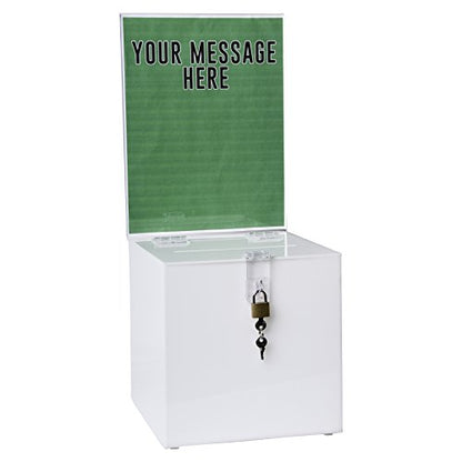 Clear-Ad - Acrylic Donation, Ballot, Raffle or Suggestion Box with Lock and Sign Holder - Plastic Comment or Compaint Container - Plexiglass Multipurpose Box with Slot - White (8x8) - size: 8 x 8 White