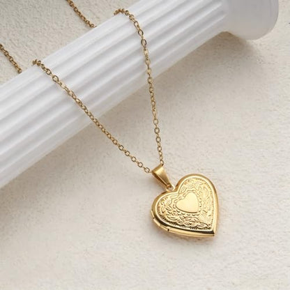 Heart Locket Necklace Pendant Dainty Memorial Keepsake Locket Necklace That Holds Pictures Stainless Steel Heart Photo Box Necklace for Women Lover Mother Father Daughter Son Fashion Jewelry Gifts - color: 01Gold