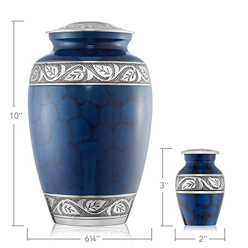 Reminded Set of 5 Etched Cremation Urns for Human Ashes - 1 Brass Adult + 4 Keepsake Token Size, Blue - color: Blue