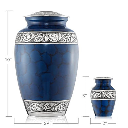 Reminded Set of 5 Etched Cremation Urns for Human Ashes - 1 Brass Adult + 4 Keepsake Token Size, Blue - color: Blue