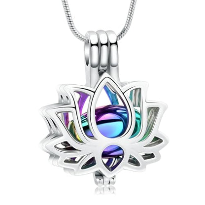 Cremation Jewelry Lotus Flower Urn Necklaces for Ashes Stainless Stell Memorial Ash Pendant Necklaces with Mini Urn Keepsake Ash Jewelry for Men Women Gifts with Funnel Filler Kit - color: Silver-Rainbow