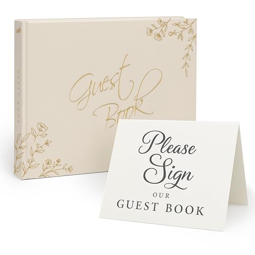 Wedding Guest Book, 100 Blank Pages, 9×7" Gold Foil Hardcover - color: Cream