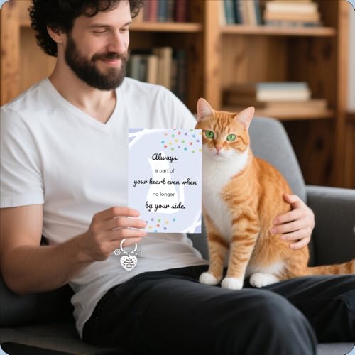 Pet Sympathy Card for Cat with Pet Memorial Keychain, Cat Memorial Gifts, Bereavement Gifts for Loss of Pets Sympathy Cards with Envelopes Condolences Gift for Loss