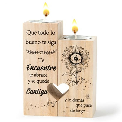 Zainpe Spanish Inspirational Candle Holders for Mum Women Grandma Daughter Friend Sister Bestie, Wooden Heart Double Sided Printing Candlestick Birthday Friendship Gifts - color: Inspirational