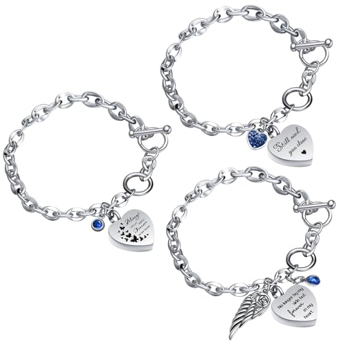 3 Pack Urn Bracelet for Ashes Cremation Ashes Bracelet Memorial Rhinestones Jewelry Heart Locket Holder with Different Words Stainless Steel Urns Bangle Keepsake for Women Men - color: Dark Blue