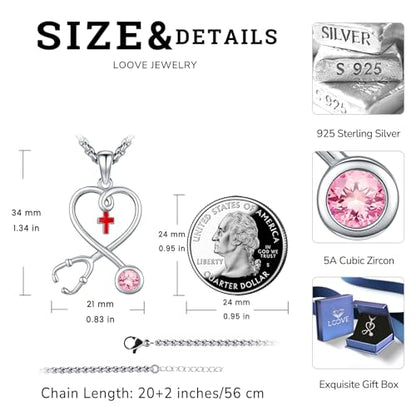 Angel Wings Necklace 925 Sterling Silver Guardian Angel Nurse RN Caduceus Pendant Charm Crystal Angel Jewelry Gifts for Women - style: H-Stethoscope-10-Oct.-Tourmaline Pink