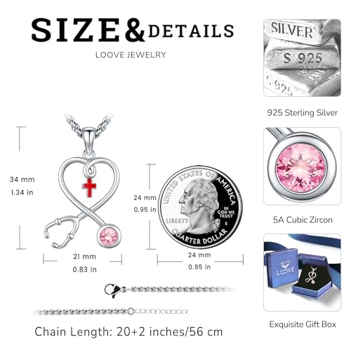 Angel Wings Necklace 925 Sterling Silver Guardian Angel Nurse RN Caduceus Pendant Charm Crystal Angel Jewelry Gifts for Women - style: H-Stethoscope-10-Oct.-Tourmaline Pink