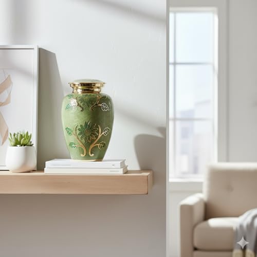 Green Garden Brass Large Cremation Urn | Unique Brass Funeral Urn with Gold & Green Enamel Details | Large - size: Adult