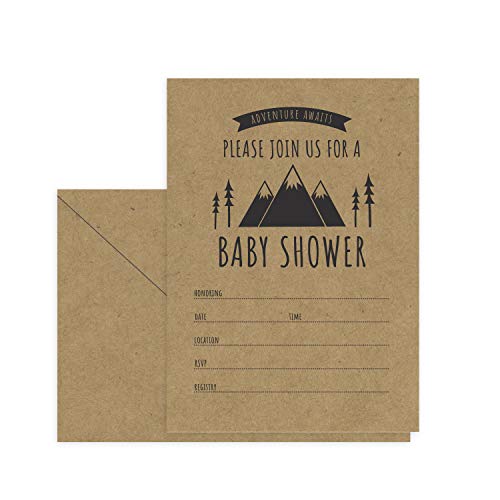 Canopy Street Adventure Awaits Baby Shower Invitations / 25 Mountain Themed Fill In The Blank Gender Neutral Baby Shower Invites / 5" x 7" Flat Boy Or Girl Gender Reveal Invitation - color: Adventure Awaits