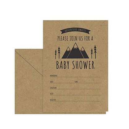 Canopy Street Adventure Awaits Baby Shower Invitations / 25 Mountain Themed Fill In The Blank Gender Neutral Baby Shower Invites / 5" x 7" Flat Boy Or Girl Gender Reveal Invitation - color: Adventure Awaits