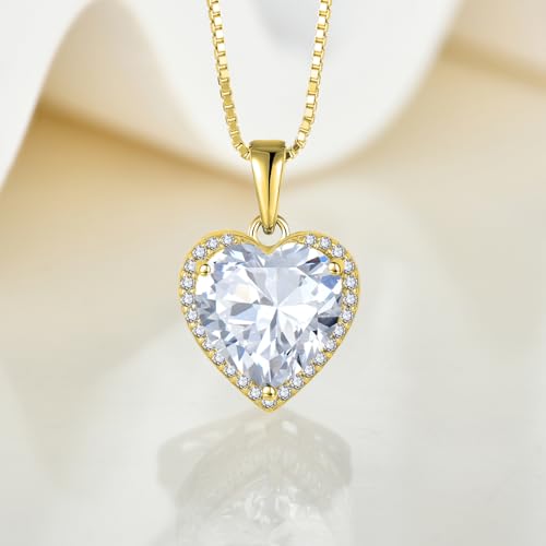 925 Sterling Silver Halo Heart Necklace for Women | Lwsary Love Heart Necklace, Heart Cut Birthstone Jewelry for Her - color: Gold