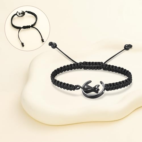 Oinsi Cat Urn Bracelet Cremation Jewelry for Pets Ashes Keepsake Handmade Braided Rope Adjustable Bangle Stainless Steel Urn Bangle Memorial Jewelry - color: A-Black