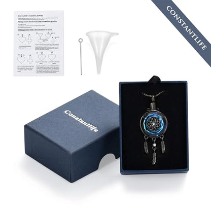 constantlife Circle of Life Dreamcatcher Cremation Jewelry for Ashes Stainless Steel Crystal Pendant Urn Necklace Keepsake Human Pet Memorial Gift for Women Men - color: Black-Blue