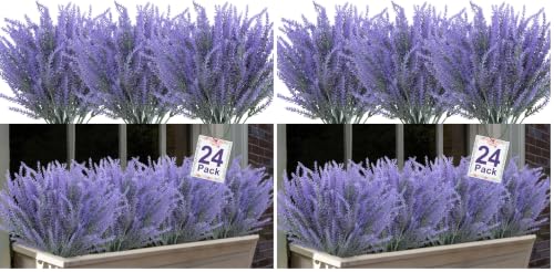 24 Bundles Artificial Lavender Fake Flowers Faux Plastic Plants for Home Wedding Kitchen Garden Patio Window Box Office Table Centerpieces Indoor Outdoor Decor, Gray Purple (Pack of 2) - color: Gray Purple, size: 24 Bundles (Pack of 2)